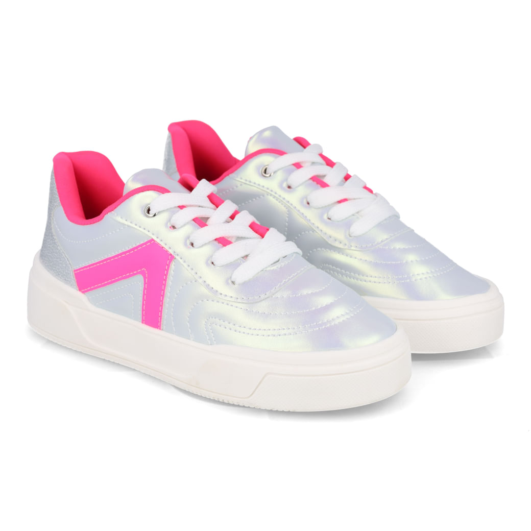 Par de tênis casual feminino juvenil Funfeet prata holográfico vista frontal direito